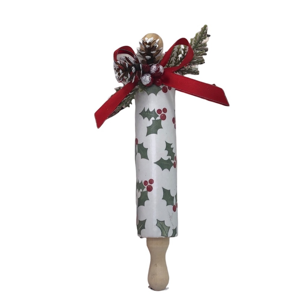 Mini Christmas “Holly” 7in Rolling Pin Tree Ornaments/Tier Tray Home Decor Gift